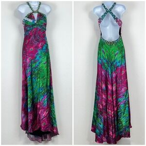 Night Moves Hoco Evening Formal Maxi Dress Size 4 Peacock Beaded Halter Low Back